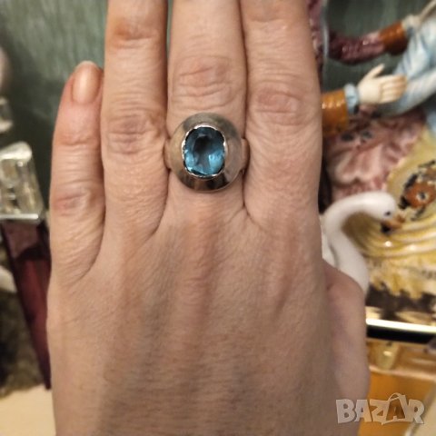 Масивен сребърен пръстен ръчна изработка естествен син топаз 950, снимка 1 - Пръстени - 37943824