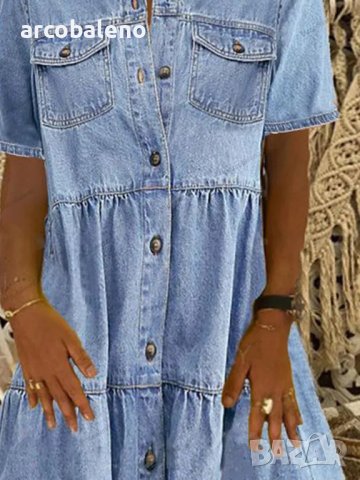 Нова дамска рокля със средна дължина с копчета и къс ръкав с ревер, 2цвята , снимка 3 - Рокли - 41437947