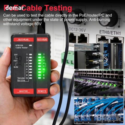 Тестер за мрежови кабели за RJ11 RJ45 Ethernet, LAN CAT5 CAT5E CAT6 CAT6A CAT7, снимка 5 - Друга електроника - 53779649