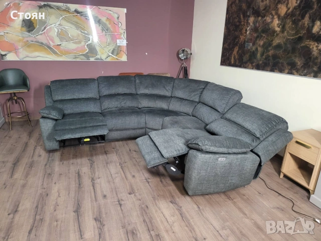 Сив ъглов диван от плат с електрически релаксиращ механизъм, снимка 3 - Дивани и мека мебел - 53833745