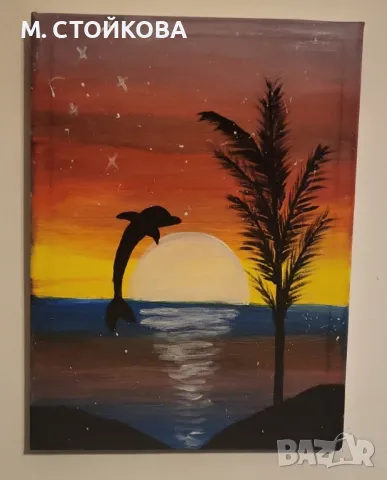 картина с делфин - авторско платно с рамка - 40 см х 30 см