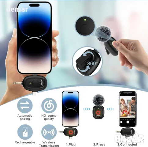 Мини безжичен петличен микрофон OSA за камера и компютър, време за работа до 9 часа, снимка 5 - Микрофони - 47866675