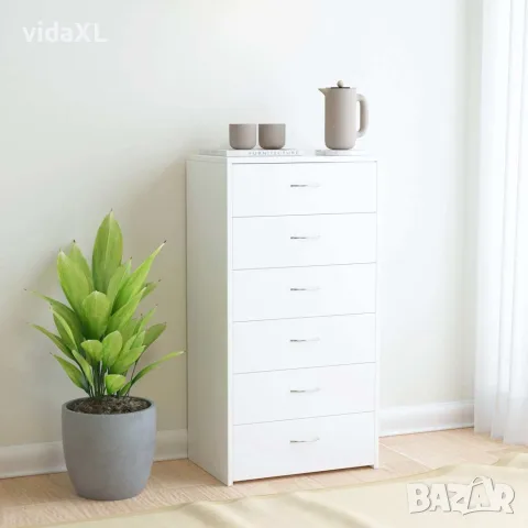 vidaXL Бюфет с 6 чекмеджета, бял, 50x34x96 см, инженерно дърво, снимка 2 - Бюфети - 56147770