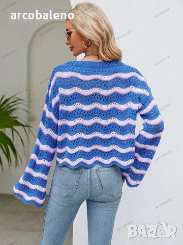 Дамски моден пуловер с дълги ръкави и кръгло деколте на райета, 3цвята - 023 , снимка 4 - Блузи с дълъг ръкав и пуловери - 42304853