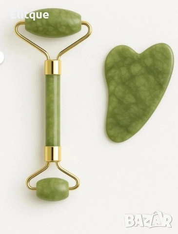 Нефритен масажор за лице с 2 ролки, в комплект с плосък нефритен камък  TV645