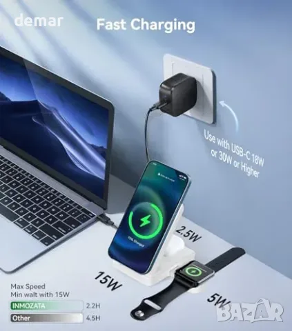 INMOZATA 3-в-1 магнитна безжична зарядна станция 15W за телефон, Apple Watch и AirPods, снимка 7 - Безжични зарядни - 55849765