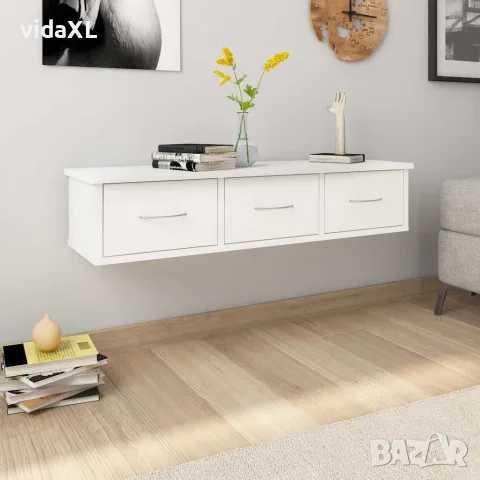 vidaXL Стенен рафт с чекмеджета, бял, 88x26x18,5 см, инженерно дърво, снимка 2 - Етажерки - 56147678