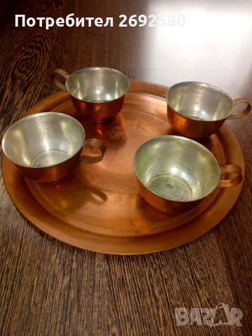 Меден поднос с 4 медни калайдисани чашки, снимка 2 - Антикварни и старинни предмети - 48713306
