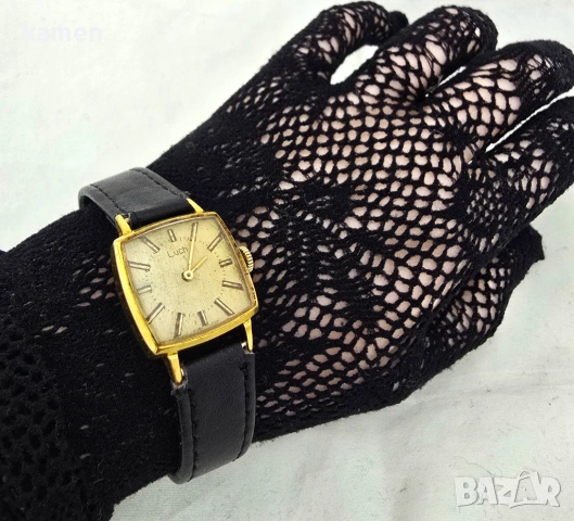 Винтидж съветски часовник LUCH - позлатен AU 10+ - произведен в СССР - нова черна каишка Винтидж , снимка 8 - Антикварни и старинни предмети - 53658534
