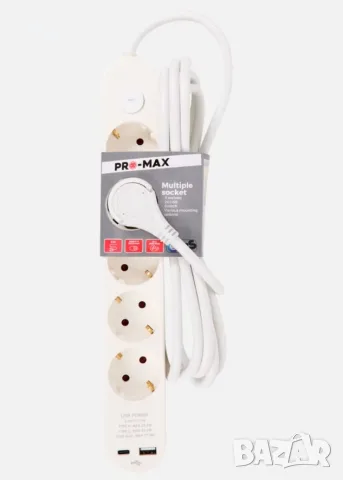Pro-max удължителен кабел 5 щепсела + 2 USB A + C разклонител бял