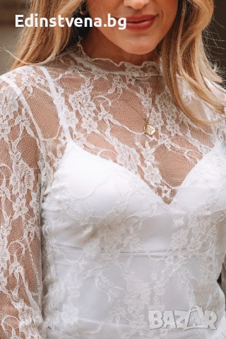 Дамска бяла дантелена блуза с ефектна яка и дълъг ръкав, снимка 3 - Блузи с дълъг ръкав и пуловери - 53029032