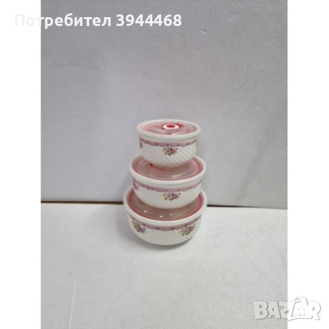 Комплект от 3 броя порцеланови купи с плстмасови капаци за съхранение на храна, цветни мотиви,0,3 л,, снимка 2 - Чинии - 44199713