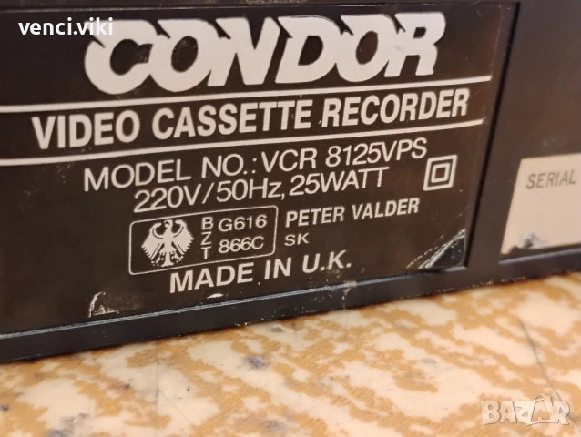 Видео Condor model vcr 8125vps за части или ремонт, снимка 3 - Плейъри, домашно кино, прожектори - 51944403
