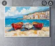 Пейзаж с три лодки на плажа пред италианския брегови град, снимка 4