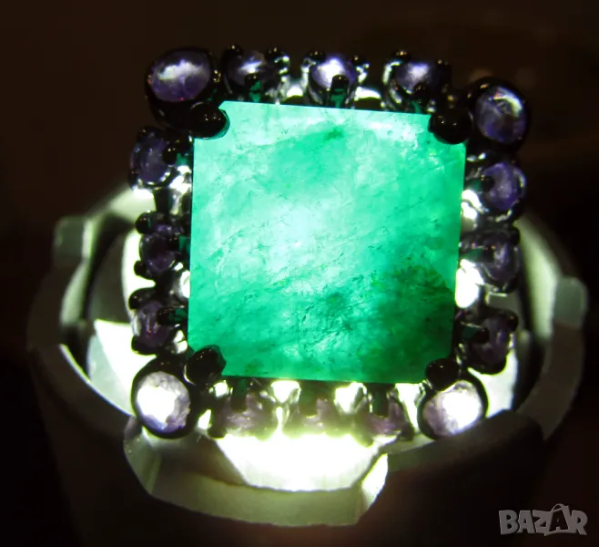925 сребърен пръстен със зелен берил 12 карата, камък 14x14мм. общо тегло 9гр., снимка 1