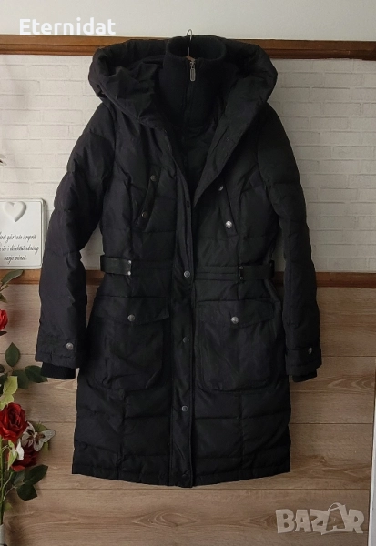 Дълго черно зимно яке с качулка гъши пух , снимка 1