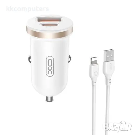 12V Зарядно за автомобил XO-CC56 30W/ PD, USB QC 3.0 / Lightning(iPhone) USB кабел / Бял / Баркод : , снимка 1