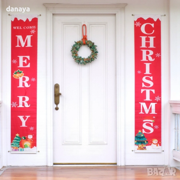 6125 Висящ коледен банер украса за врата Merry Christmas, 175x30cm, снимка 1