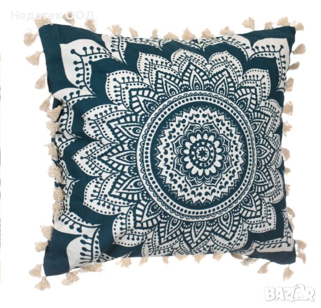 Декоративна  възглавница, Mandala Tassels, 45x45cм,  Петролно/бяла, снимка 1