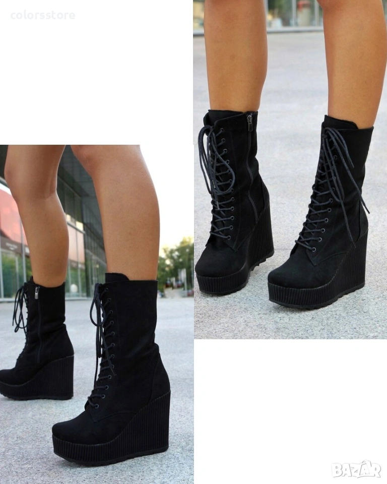 Боти на платформа - черен велур - TD33, снимка 1