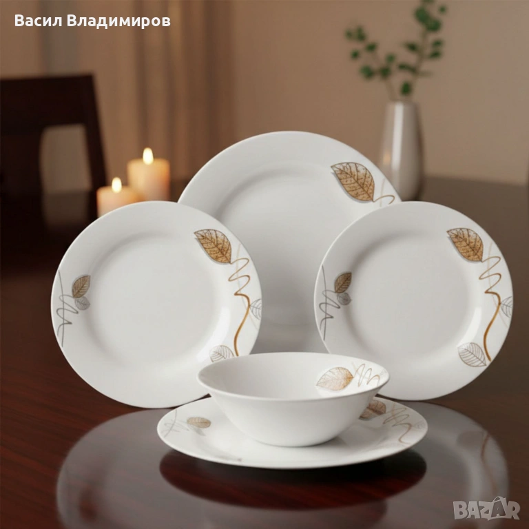 Стил и изтънченост за всяка трапеза - Комплект чинии 24 части с елегантен листен дизайн, снимка 1