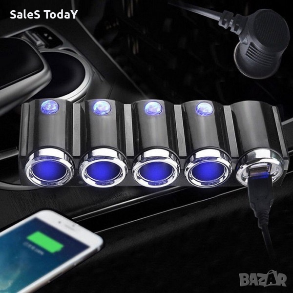 Разклонител за запалка на автомобил, 12 / 24V, 4 гнезда, 2 USB порта, снимка 1