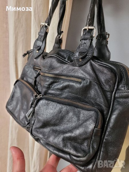 BON' A PARTE естествена кожа, черна чанта  с много джобчета, снимка 1