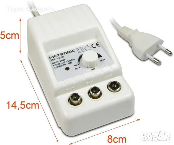 Metronic 332187 Усилвател за TV антена 24 dB – 2 изхода, FM/VHF/UHF, 4G/5G филтър, снимка 3 - Приемници и антени - 56081798