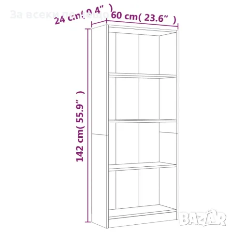 Библиотека на 4 нива, сив сонома, 60x24x142 см, инженерно дърво, снимка 2 - Секции и витрини - 48289019