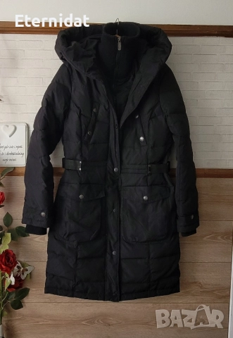 Дълго черно зимно яке с качулка гъши пух 