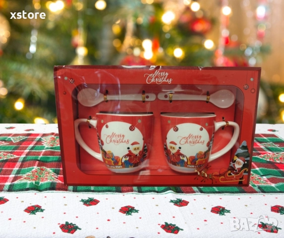 Комплект от 2 керамични чаши с лъжица, коледна тематика, опаковани в подходяща кутия, снимка 4 - Чаши - 52793256