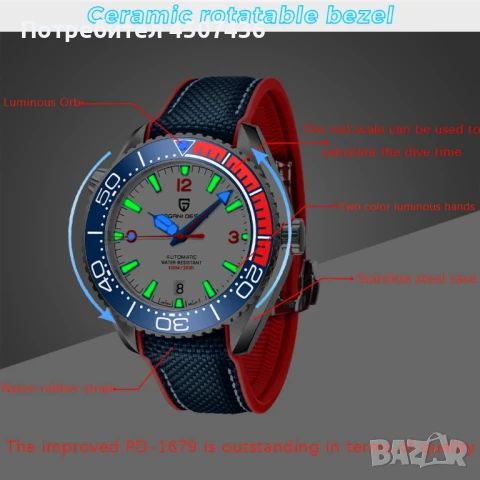 PAGANI DESIGN автоматичен часовник SEIKO NH35, сапфир, неръждаема стомана, водоустойчив, дата, безел, снимка 10 - Мъжки - 51143164