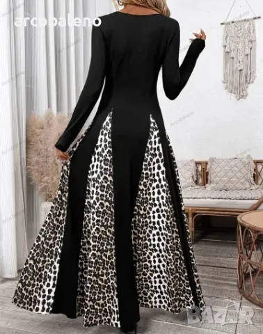 Широка дамска дълга ретро рокля с дълги ръкави и леопардови щампи, снимка 5 - Рокли - 48058756