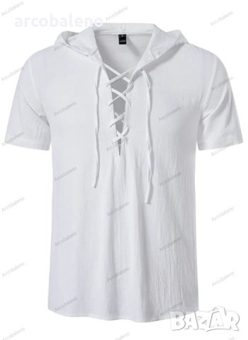 Мъжка модна едноцветна тениска с  качулка и къс ръкав, 2цвята, снимка 3 - Тениски - 41511739
