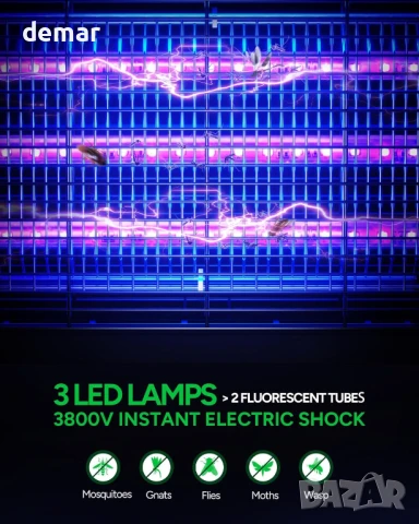 Buzbug LED Fly Zapper 3800V мощен електрически уред за насекоми, 3 лампи - MA009, снимка 4 - Други стоки за дома - 51157481