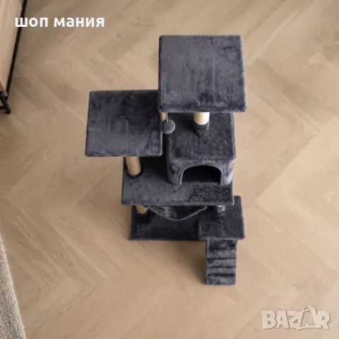 Котешка драскалка с къщичка, хамак и рампа, 125 см, тъмносива, снимка 3 - За котки - 55944095