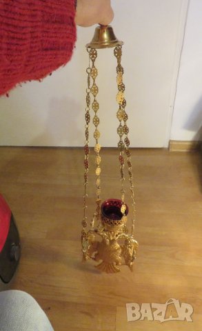 Старинно бронзово руско православно висящо кандило с двуглав орел  и позлата с меч и държава в нокти, снимка 14 - Антикварни и старинни предмети - 35774337