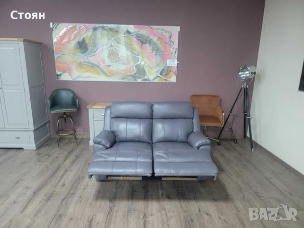 Сиво-лилав кожен диван двойка с ръчен релаксиращ механизъм, снимка 2 - Дивани и мека мебел - 44701782