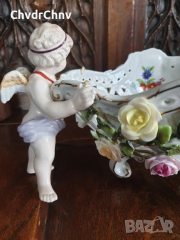 Meissen фигурална ажурна фруктиера 32см/стара Майсен порцеланова жардениера с херувими, снимка 11 - Антикварни и старинни предмети - 50629216