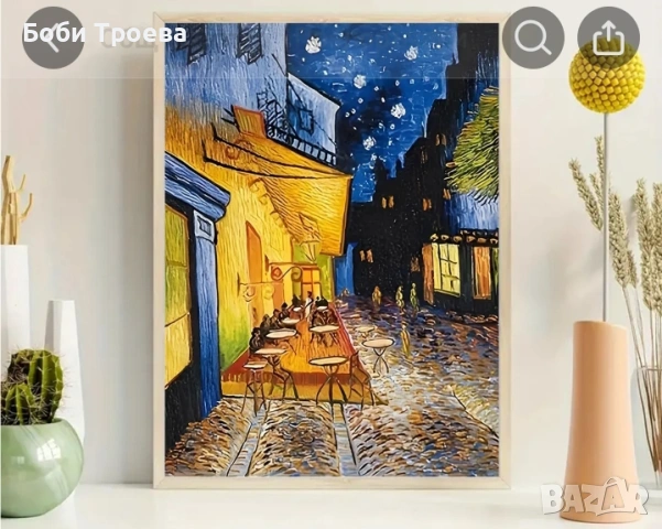 Картина на Ван Гог на кафе на открито през нощта с хора, Забавна и вдъхновяваща стенна украса, снимка 3 - Картини - 53036183