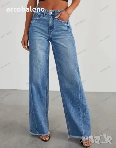 Широки дамски дънки с протрит подгъв и странични шевове, снимка 5 - Дънки - 47701710