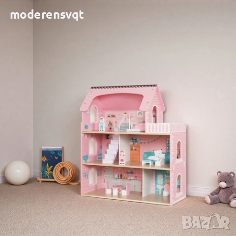 Дървена къщичка за кукли LED осветление и аксесоари 70 см, снимка 3 - Кукли - 53497578