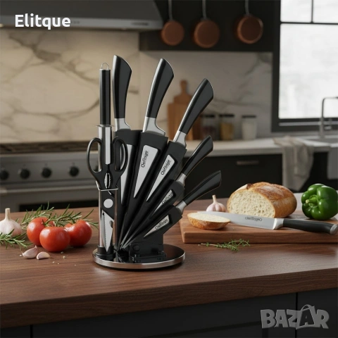 Комплект ножове 8 части със стойка Cheffinger – неръждаема стомана, въртяща се акрилна поставка 360°, снимка 3 - Други - 53427384