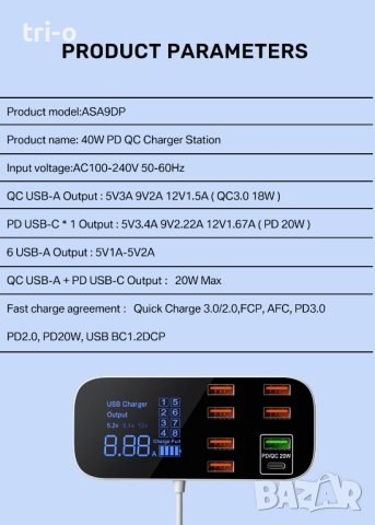 ASOMETECH 8-портова настолна USB зарядна станция с LED дисплей QC3.0 PD3.0 Бързо USB зареждане, снимка 3 - Оригинални зарядни - 42244175