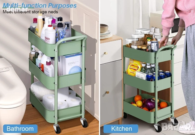 MISSLO Количка за съхранение, 3 нива, подвижна с колела и дръжка, под бюро, 69 см, зелена, снимка 3 - Други стоки за дома - 52722134