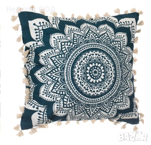 Декоративна  възглавница, Mandala Tassels, 45x45cм,  Петролно/бяла