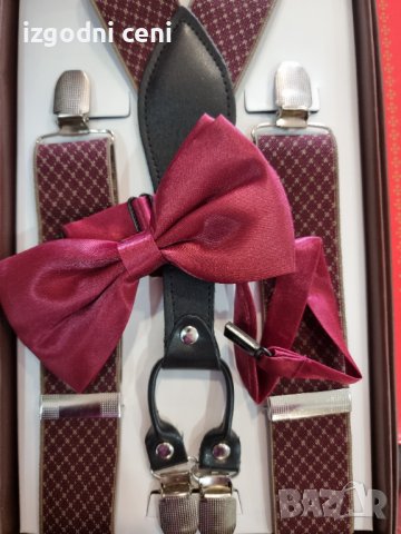 Винено червени тиранти с щампа и папионка , снимка 1