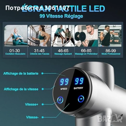 Преносим пистолет за мускулен масаж BURNNOVE 8 глави, 2550mAh LED, снимка 6 - Други - 53594506