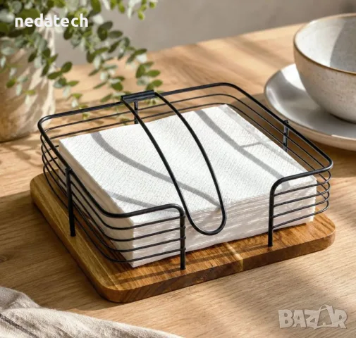 Дървен салфетник с метален държач 14.5 x 12 x 5 см, снимка 2 - Аксесоари за кухня - 56020557