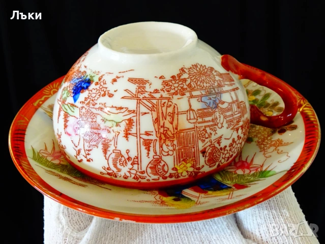 Чаша с чиния японски порцелан,злато,печат. , снимка 4 - Антикварни и старинни предмети - 53658978